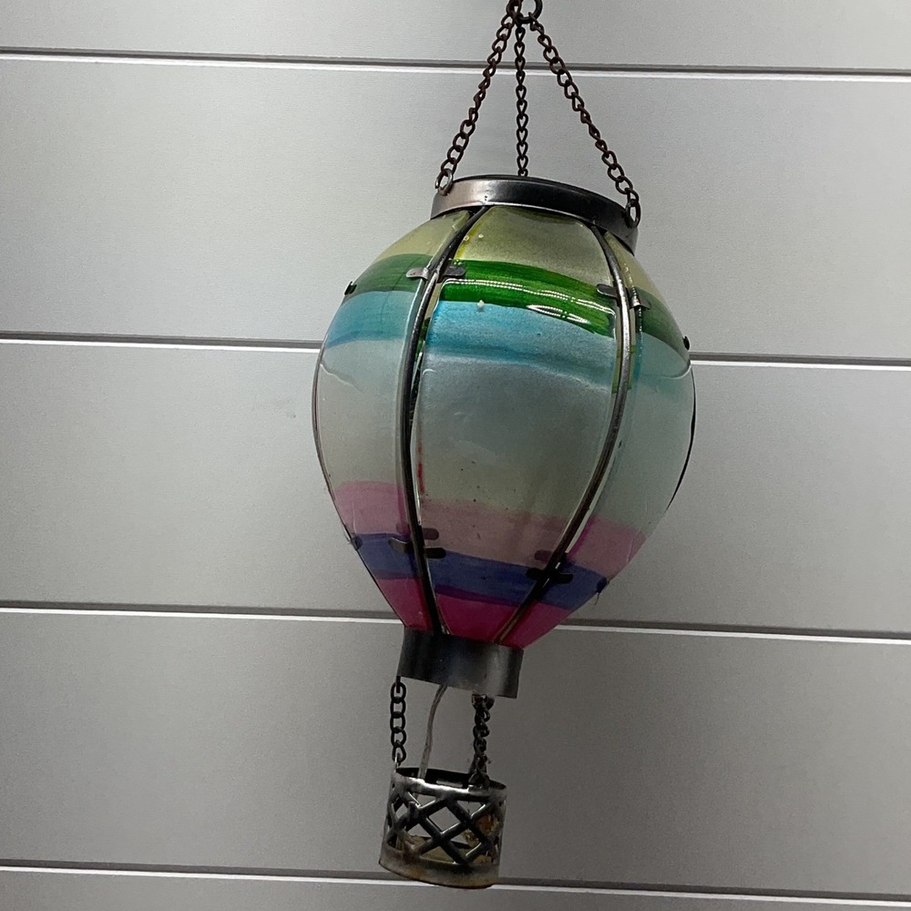 Multicolor Glass Hot Air Balloon Hanging Lantern Metal Basket Whimsical Decor
